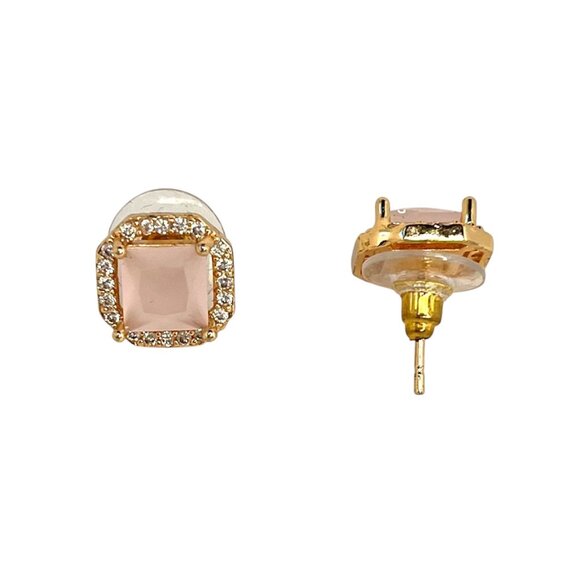 Chic Pink Halo Stud Earrings – Square-Cut Center Stone, Gold-Tone Setting - Picture 6 of 6